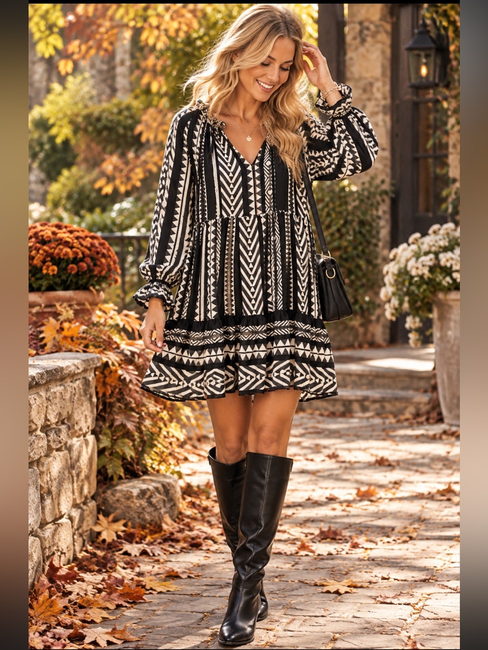 Anthropologie Maeve Tunic Dress Long Sleeve Boho Peasant black white